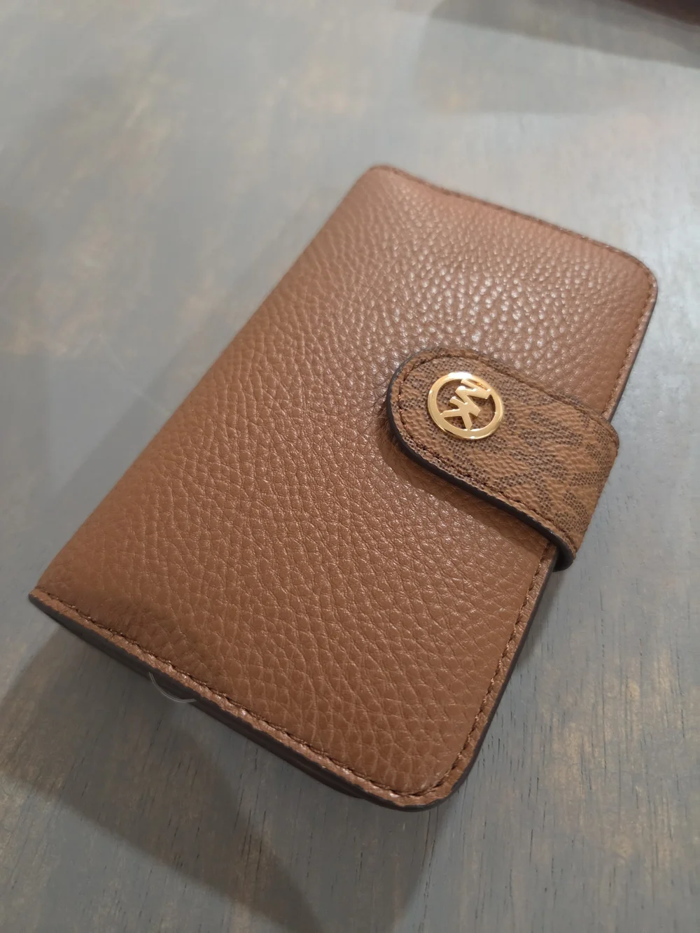 Michael Kors Brown Pebbled Leather Wallet-Style Phone Case with Gold MK Logo